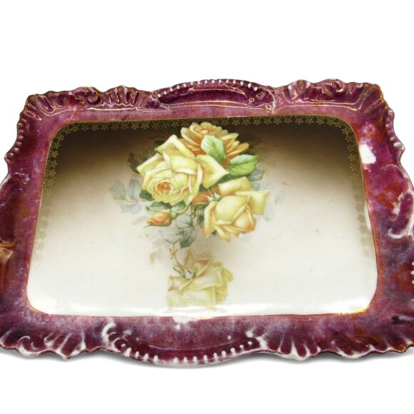 BAVARIA PORCELAIN Tray with Yellow Roses Scalloped Edges Germany Vintage - Picture 1 of 10